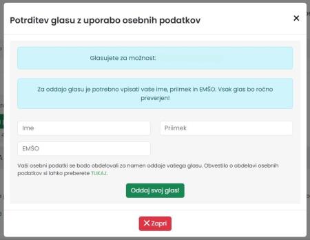 Ob kliku na vaš izbrani projekt, se vam bo prikazala možnost za glasovanje. Glasujete lahko samo za 1 projekt